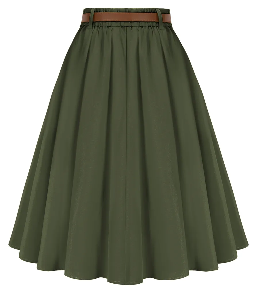 Swing Skirt with Belt Elastic High Waist Buttons Decorated Skirt