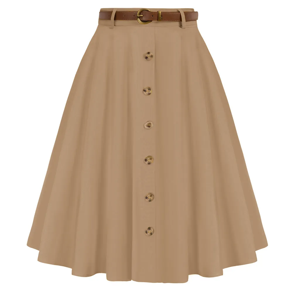 Swing Skirt with Belt Elastic High Waist Buttons Decorated Skirt