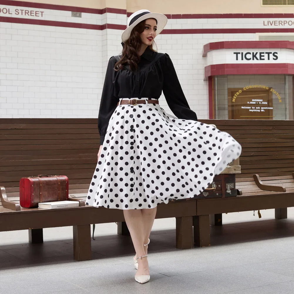 Swing Skirt with Belt Elastic High Waist Buttons Decorated Skirt