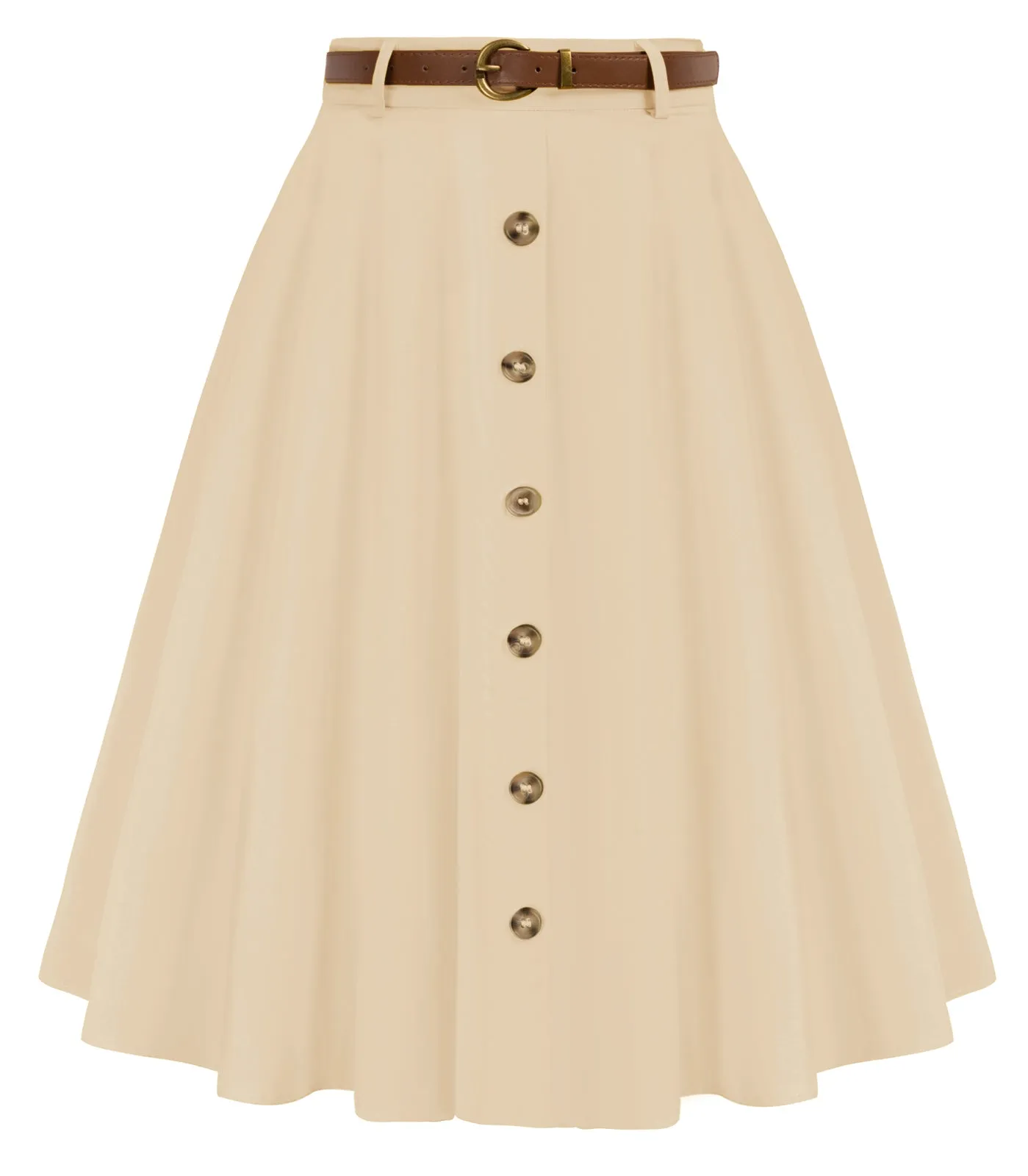 Swing Skirt with Belt Elastic High Waist Buttons Decorated Skirt