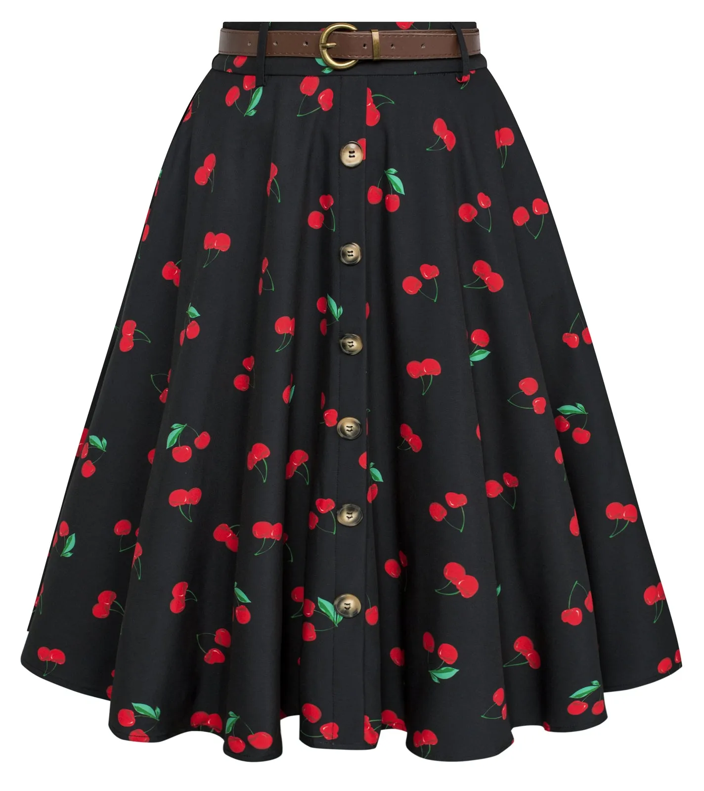 Swing Skirt with Belt Elastic High Waist Buttons Decorated Skirt