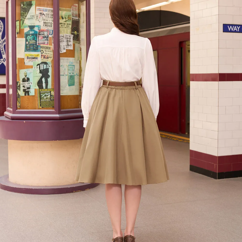 Swing Skirt with Belt Elastic High Waist Buttons Decorated Skirt