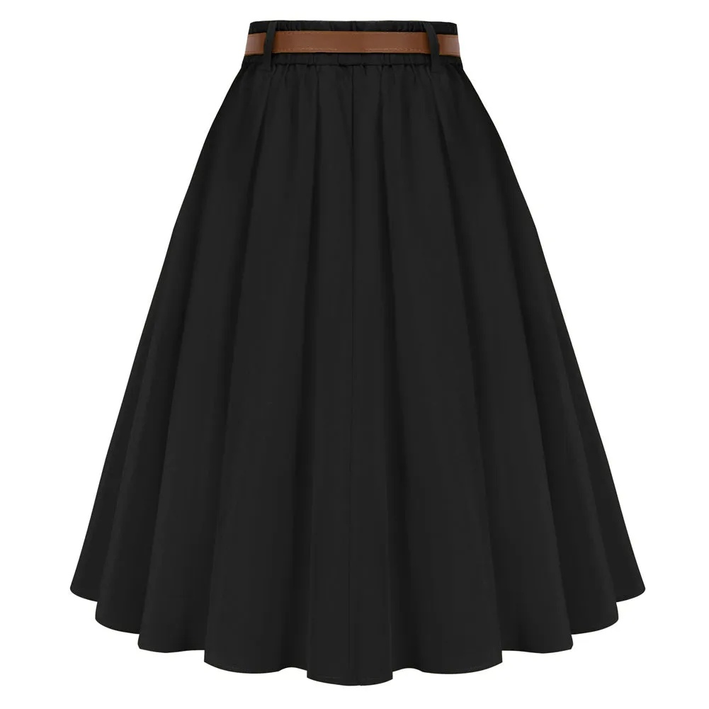 Swing Skirt with Belt Elastic High Waist Buttons Decorated Skirt