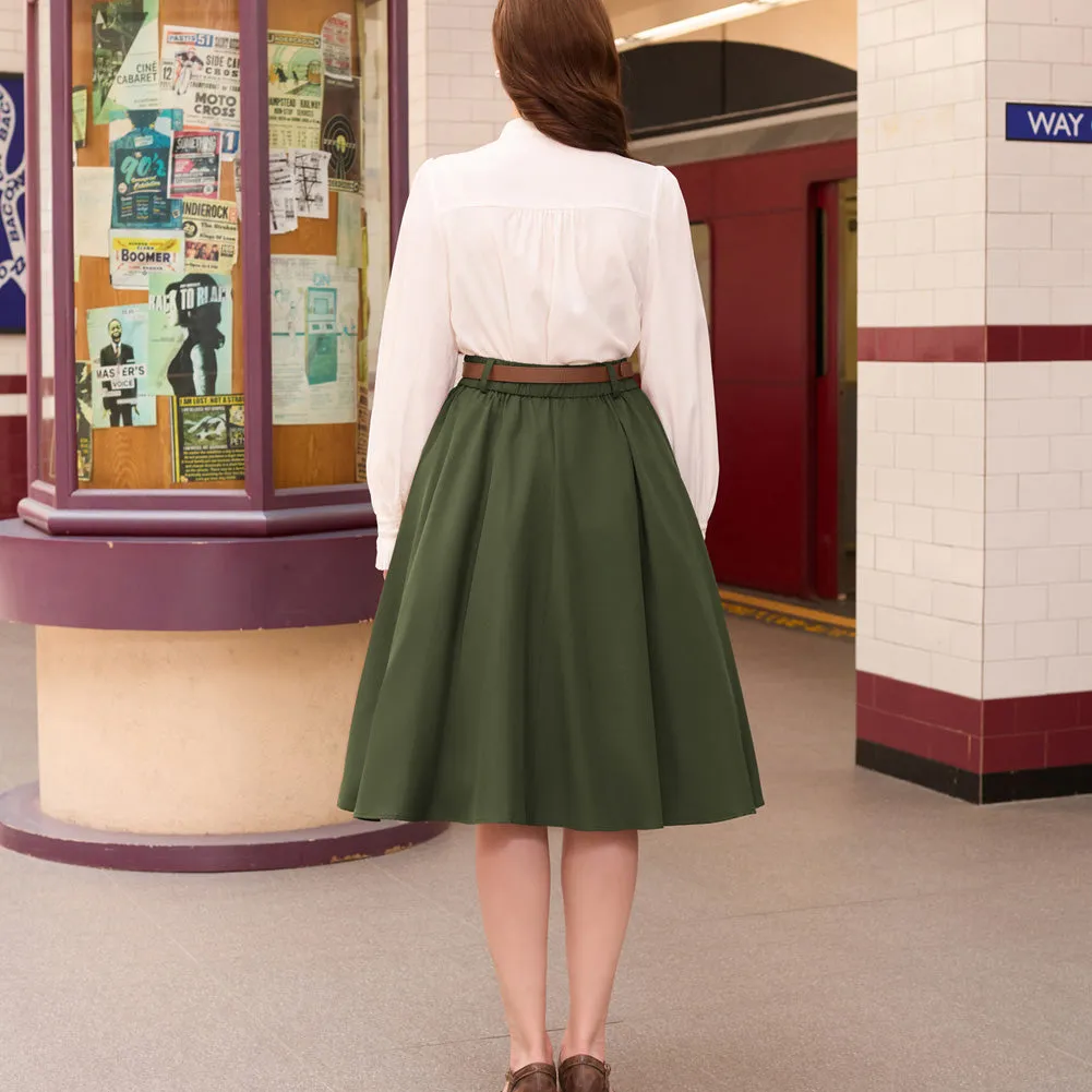 Swing Skirt with Belt Elastic High Waist Buttons Decorated Skirt