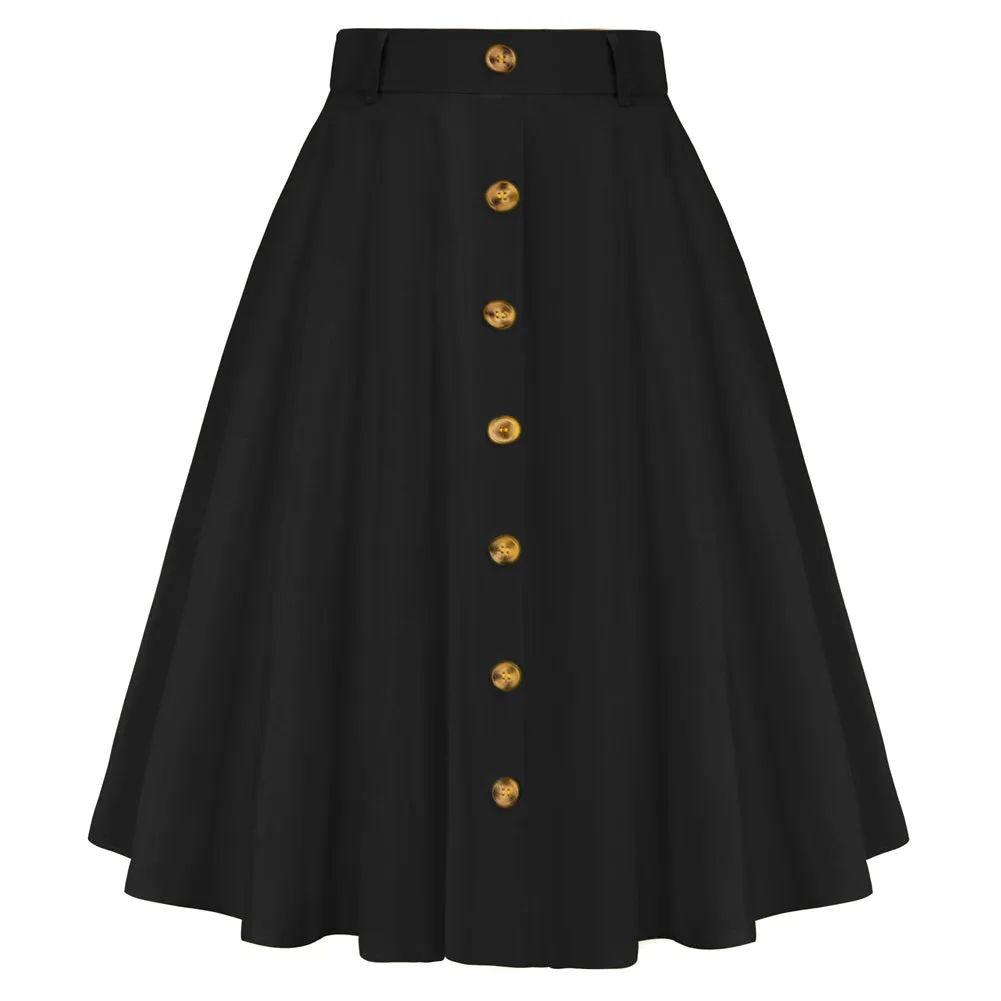 Swing Skirt with Belt Elastic High Waist Buttons Decorated Skirt