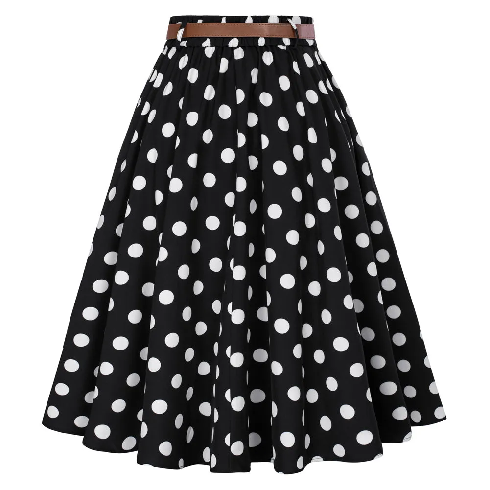 Swing Skirt with Belt Elastic High Waist Buttons Decorated Skirt