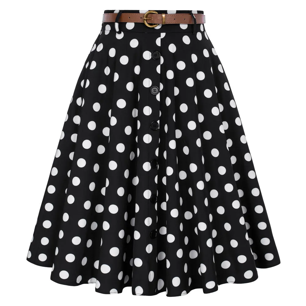 Swing Skirt with Belt Elastic High Waist Buttons Decorated Skirt