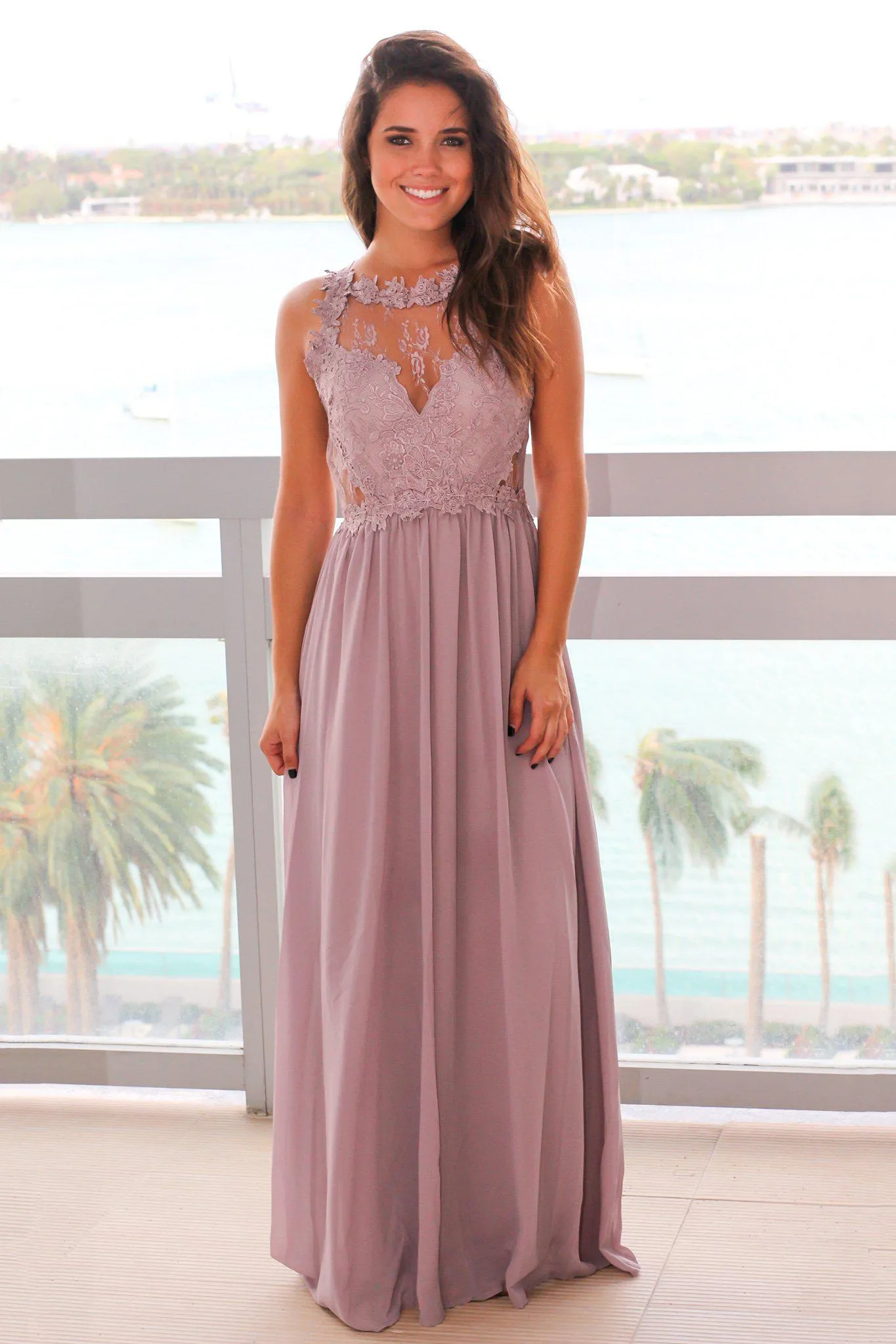 Taupe Gray Maxi Dress with Lace Top