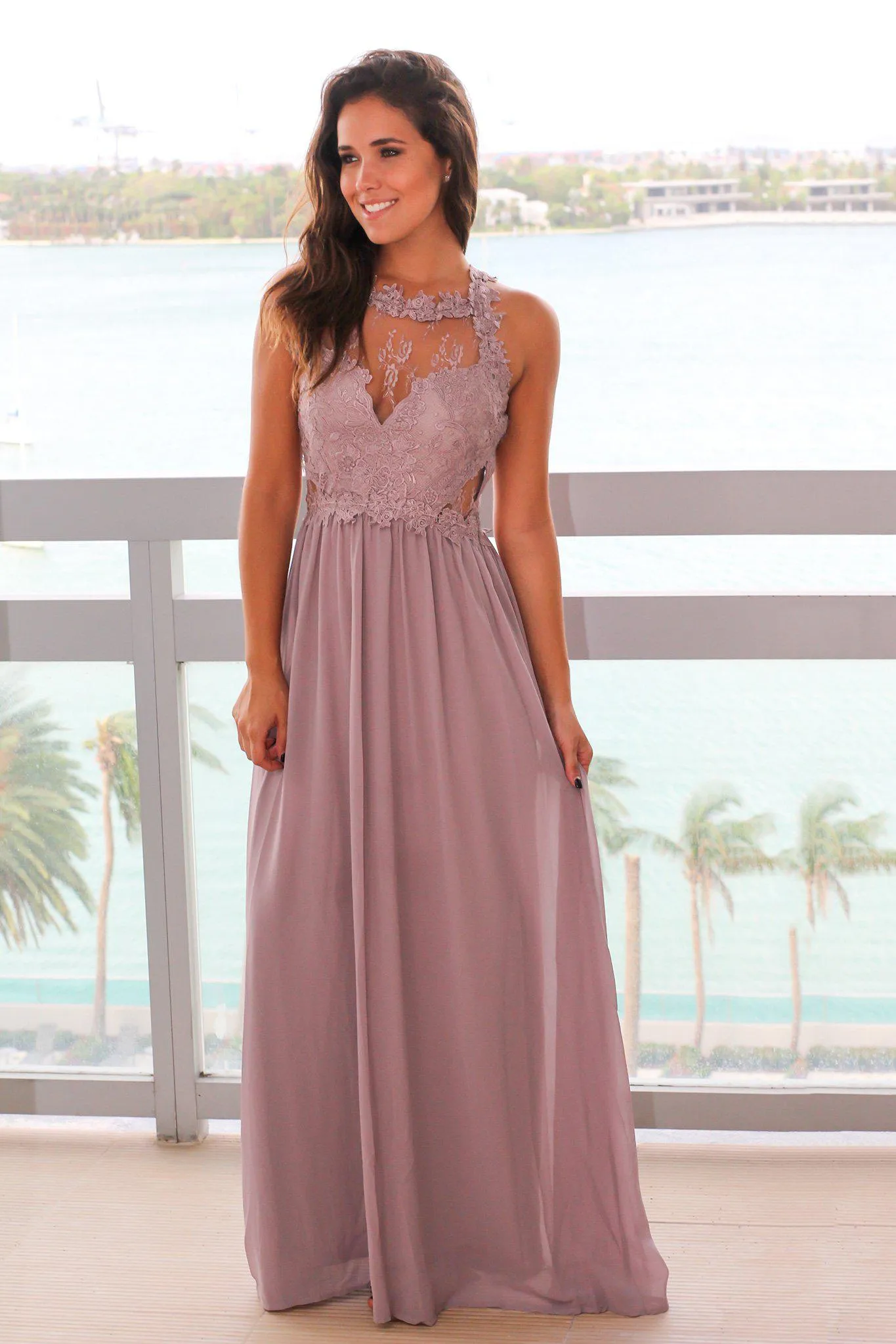 Taupe Gray Maxi Dress with Lace Top