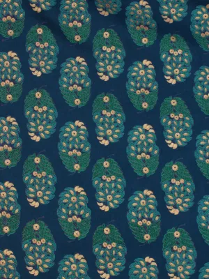 Teal Blue Green Gold Hand Block Printed Cotton Fabric Per Meter - F001F2058