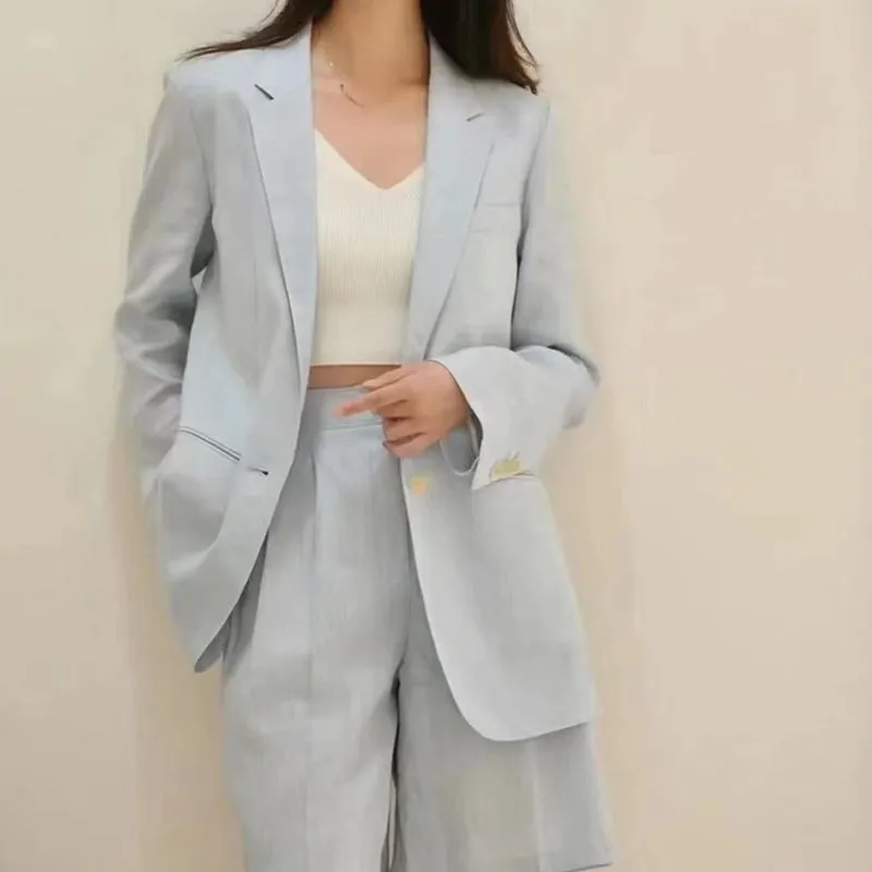 Toleet 90s streetwear Plain Linen Linen Suit Intellectual Gentle Azure Blue Tongqin Lapel Small Coat for Women