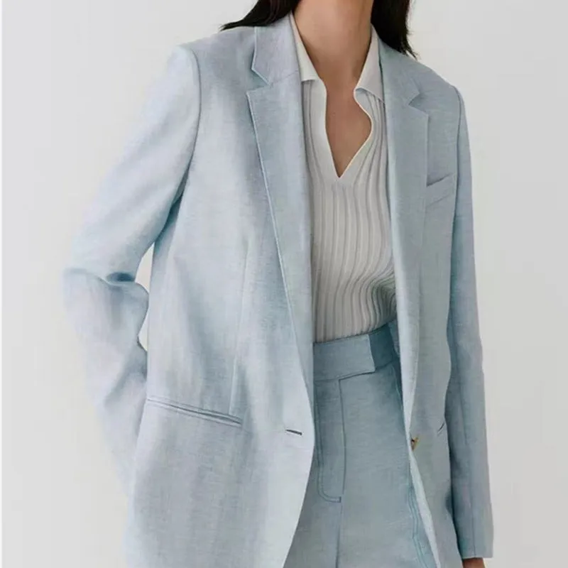 Toleet 90s streetwear Plain Linen Linen Suit Intellectual Gentle Azure Blue Tongqin Lapel Small Coat for Women