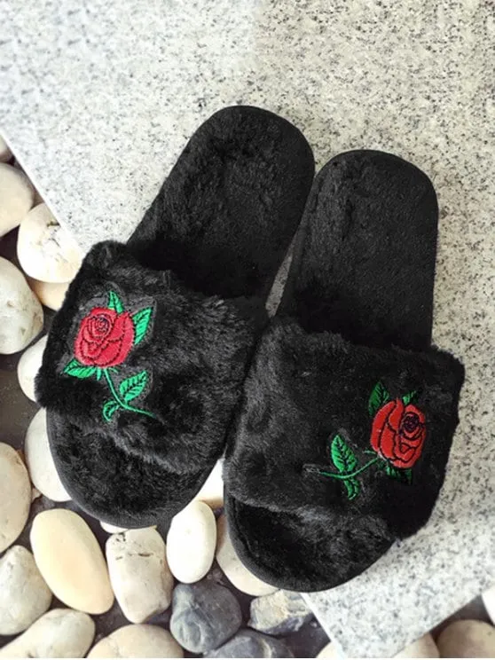 Trendy Faux Fur Embroidery Flower Open Toe Slippers