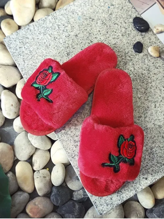 Trendy Faux Fur Embroidery Flower Open Toe Slippers