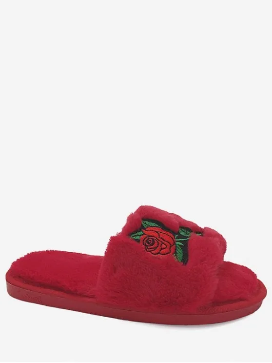 Trendy Faux Fur Embroidery Flower Open Toe Slippers