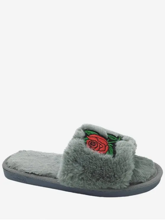 Trendy Faux Fur Embroidery Flower Open Toe Slippers