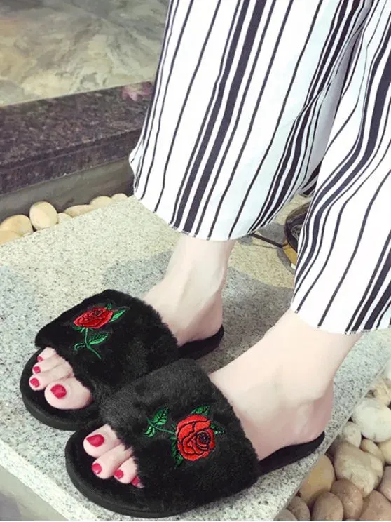 Trendy Faux Fur Embroidery Flower Open Toe Slippers