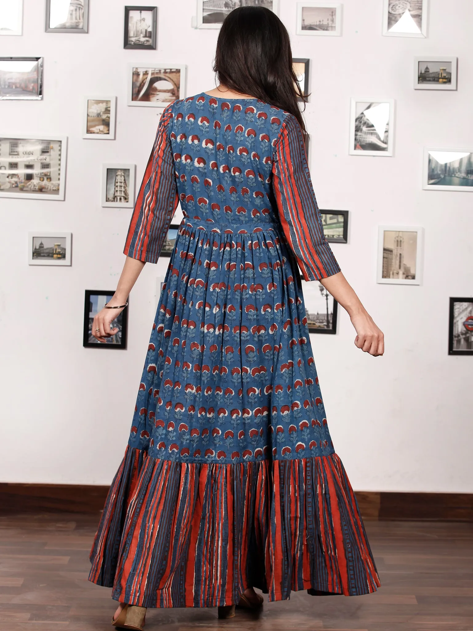 TRENDY RUSSET - Hand Block Printed Cotton Long Dress With Tie Up Waist -  D170F1336