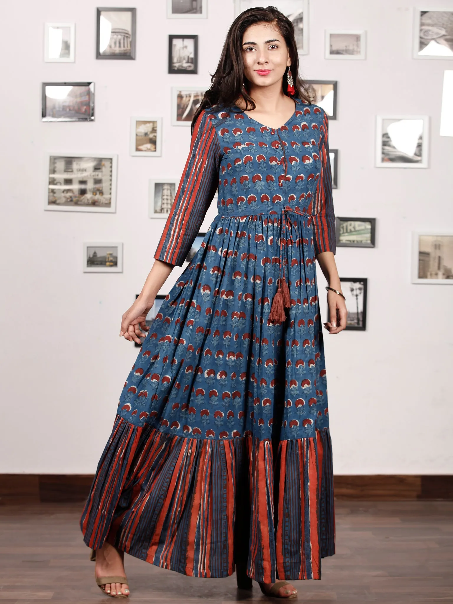 TRENDY RUSSET - Hand Block Printed Cotton Long Dress With Tie Up Waist -  D170F1336