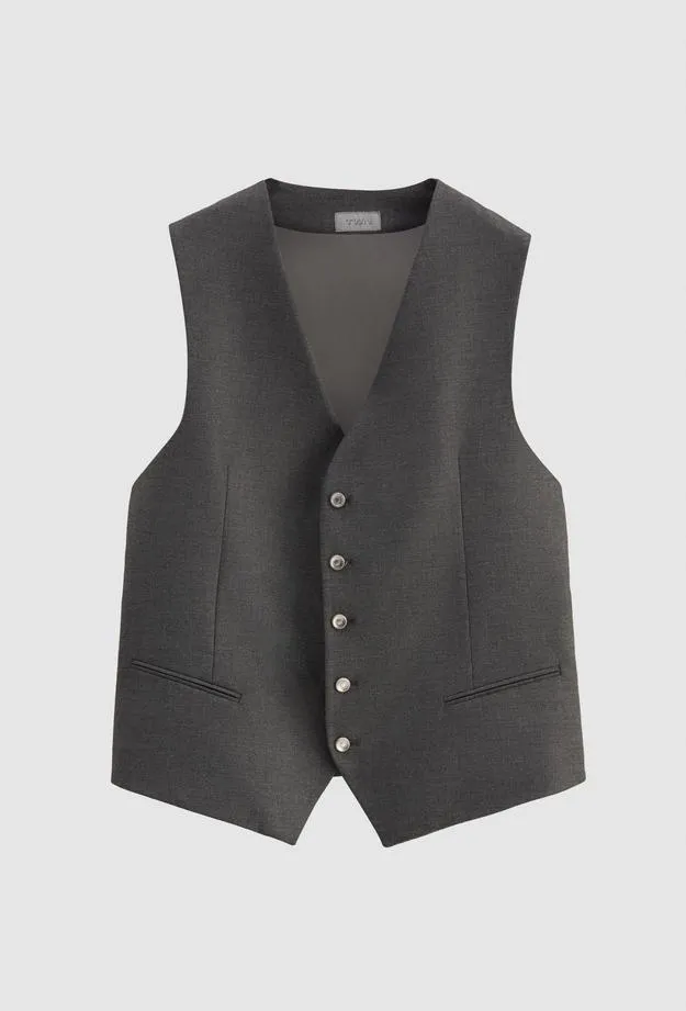 Twn Slim Fit Gray Dobby Suit with Vest