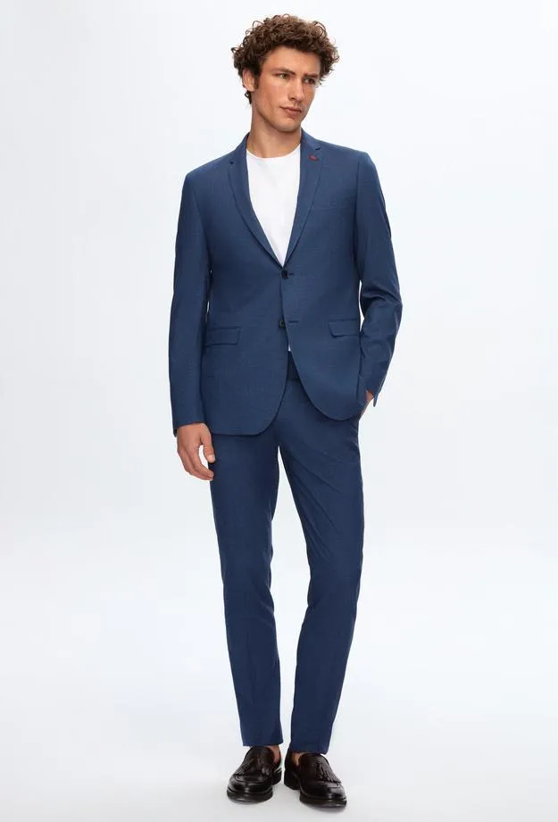 Twn Slim Fit Navy Blue Crow's Foot Suit