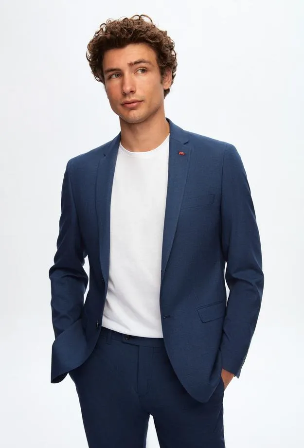 Twn Slim Fit Navy Blue Crow's Foot Suit