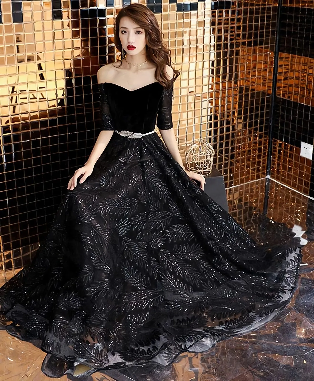 Unique Black Lace Long Prom Dress Black Lace Evening Dress