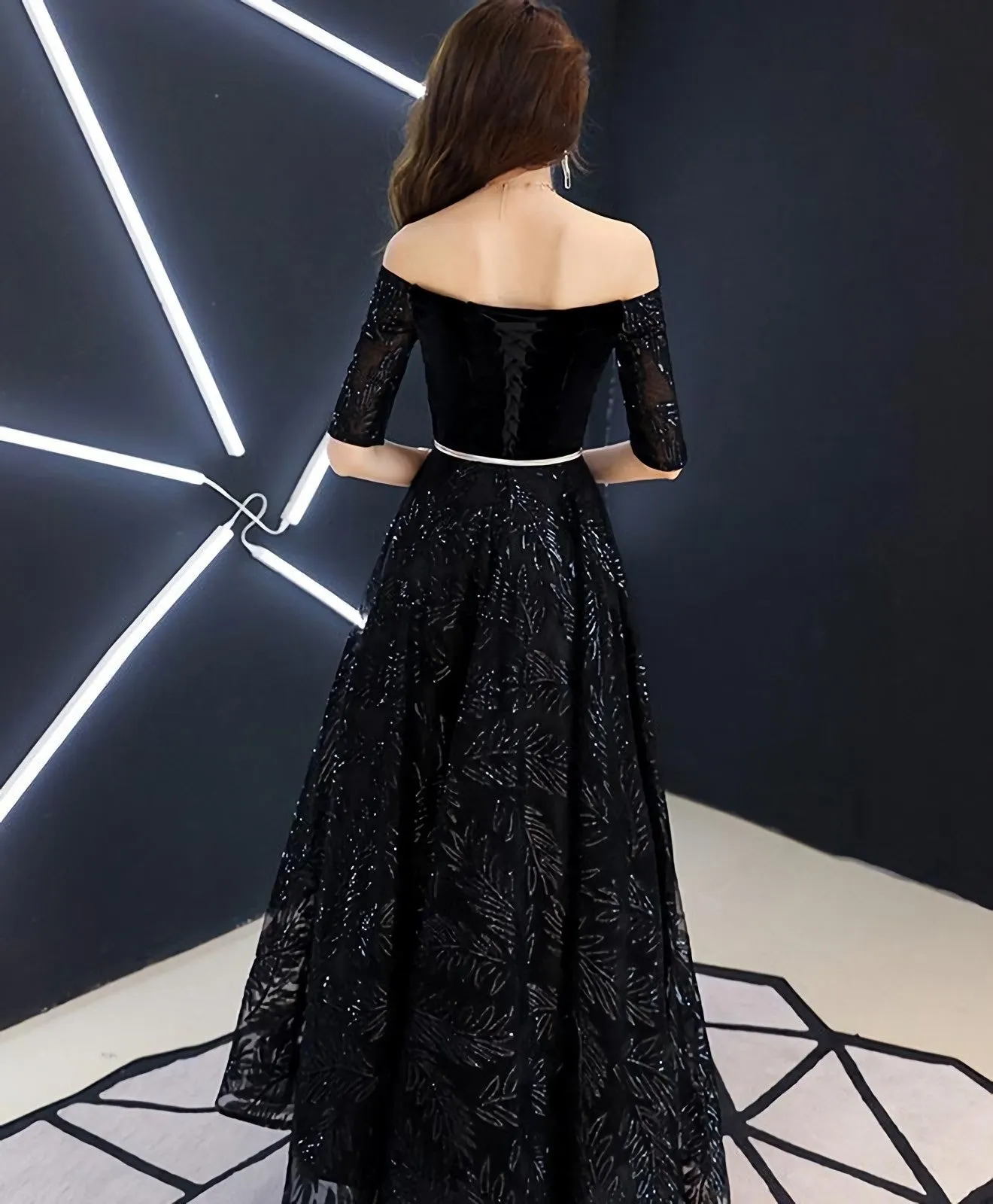 Unique Black Lace Long Prom Dress Black Lace Evening Dress