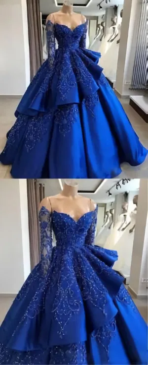 Unique blue lace long prom dress, blue long evening dress