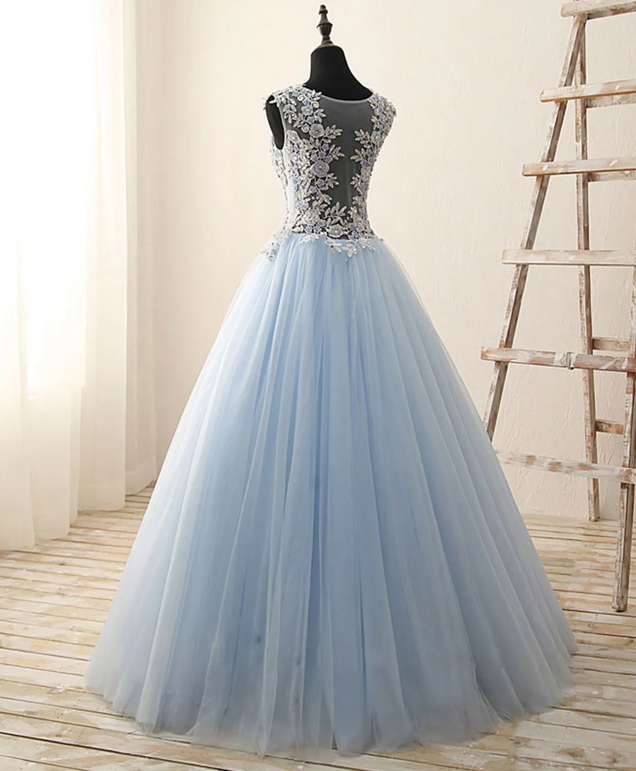 Unique Round Neck Tulle Lace Long Prom Dress, Long Evening Dress