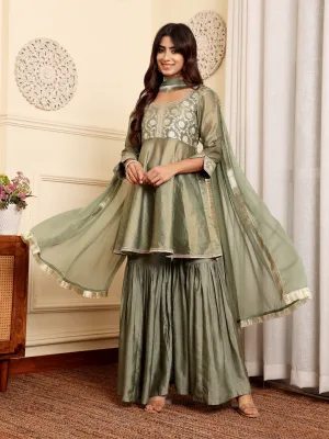 Varanga Women Gray Brocade Peplum Kurti With Sharara And Dupatta