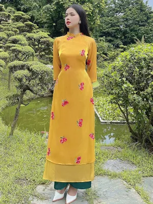 Vietnamese Ao Dai Yellow Embroidery Daisy Includes One Ao Dai Top And Pants