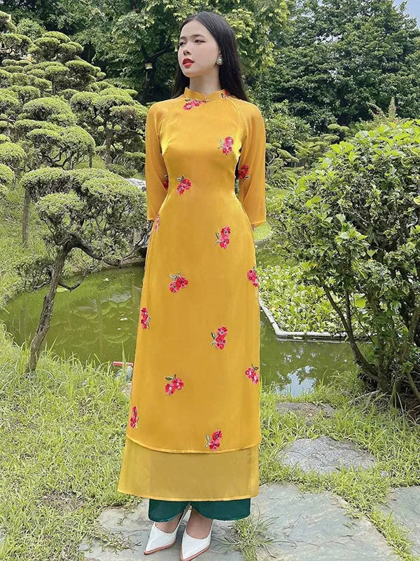 Vietnamese Ao Dai Yellow Embroidery Daisy Includes One Ao Dai Top And Pants