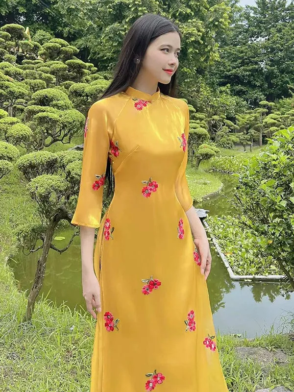 Vietnamese Ao Dai Yellow Embroidery Daisy Includes One Ao Dai Top And Pants