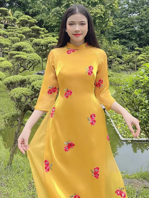 Vietnamese Ao Dai Yellow Embroidery Daisy Includes One Ao Dai Top And Pants