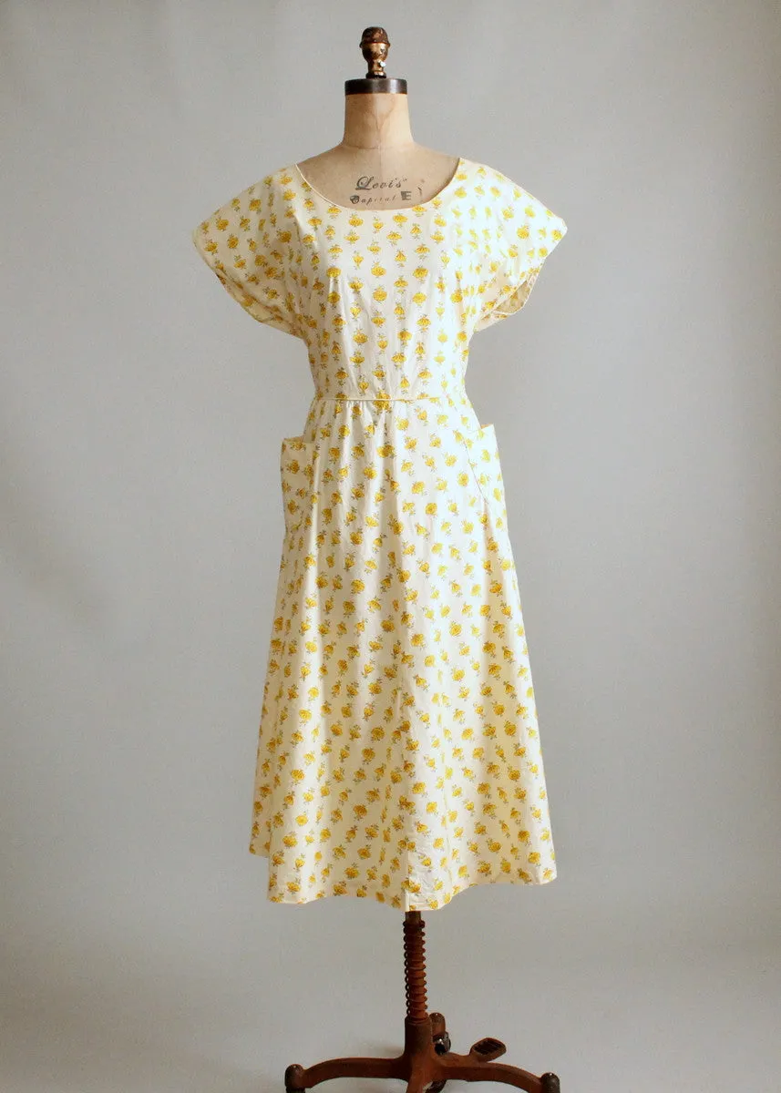 Vintage 1950s Yellow Flower Striped Cotton Day Dress