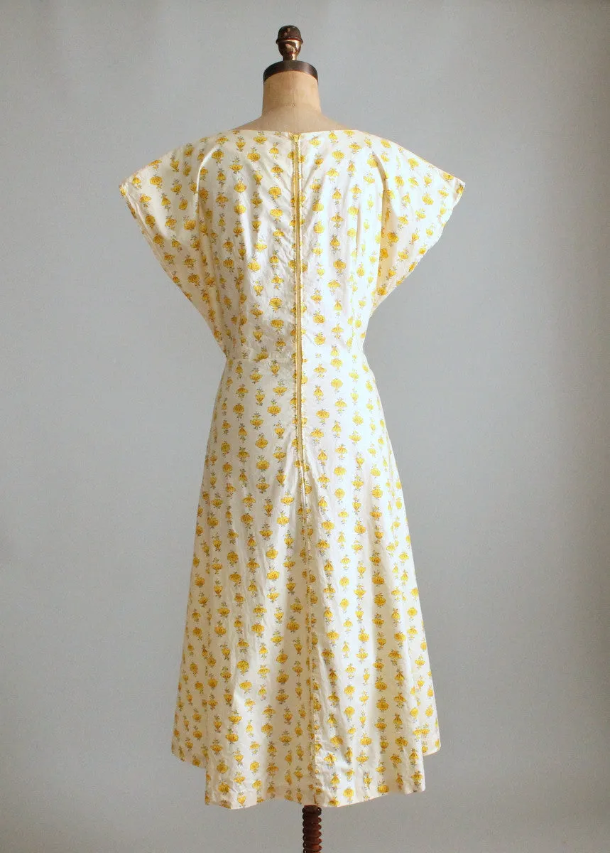 Vintage 1950s Yellow Flower Striped Cotton Day Dress