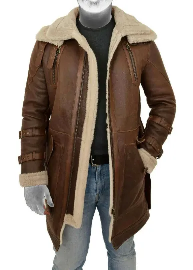 Warrior Gears Mens Genuine Leather Duffle Coat Shearling Parka Brown Long 100% Genuine Leather Shearling Jacket Coat