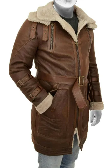 Warrior Gears Mens Genuine Leather Duffle Coat Shearling Parka Brown Long 100% Genuine Leather Shearling Jacket Coat