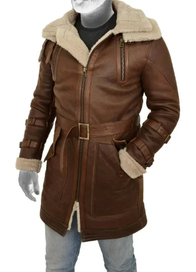 Warrior Gears Mens Genuine Leather Duffle Coat Shearling Parka Brown Long 100% Genuine Leather Shearling Jacket Coat