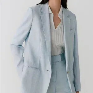 Wenkouban 90s streetwear Plain Linen Linen Suit Intellectual Gentle Azure Blue Tongqin Lapel Small Coat for Women