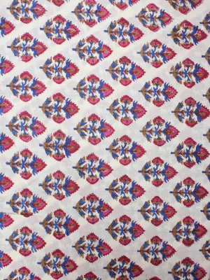 White Blue Red Hand Block Printed Cotton Cambric Fabric Per Meter - F0916410