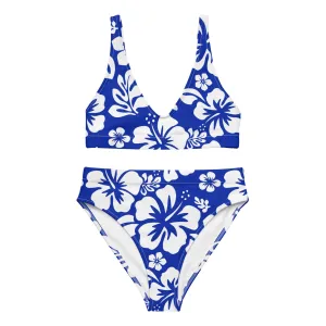 White Hawaiian Flowers on Royal Blue High Waisted Bikini