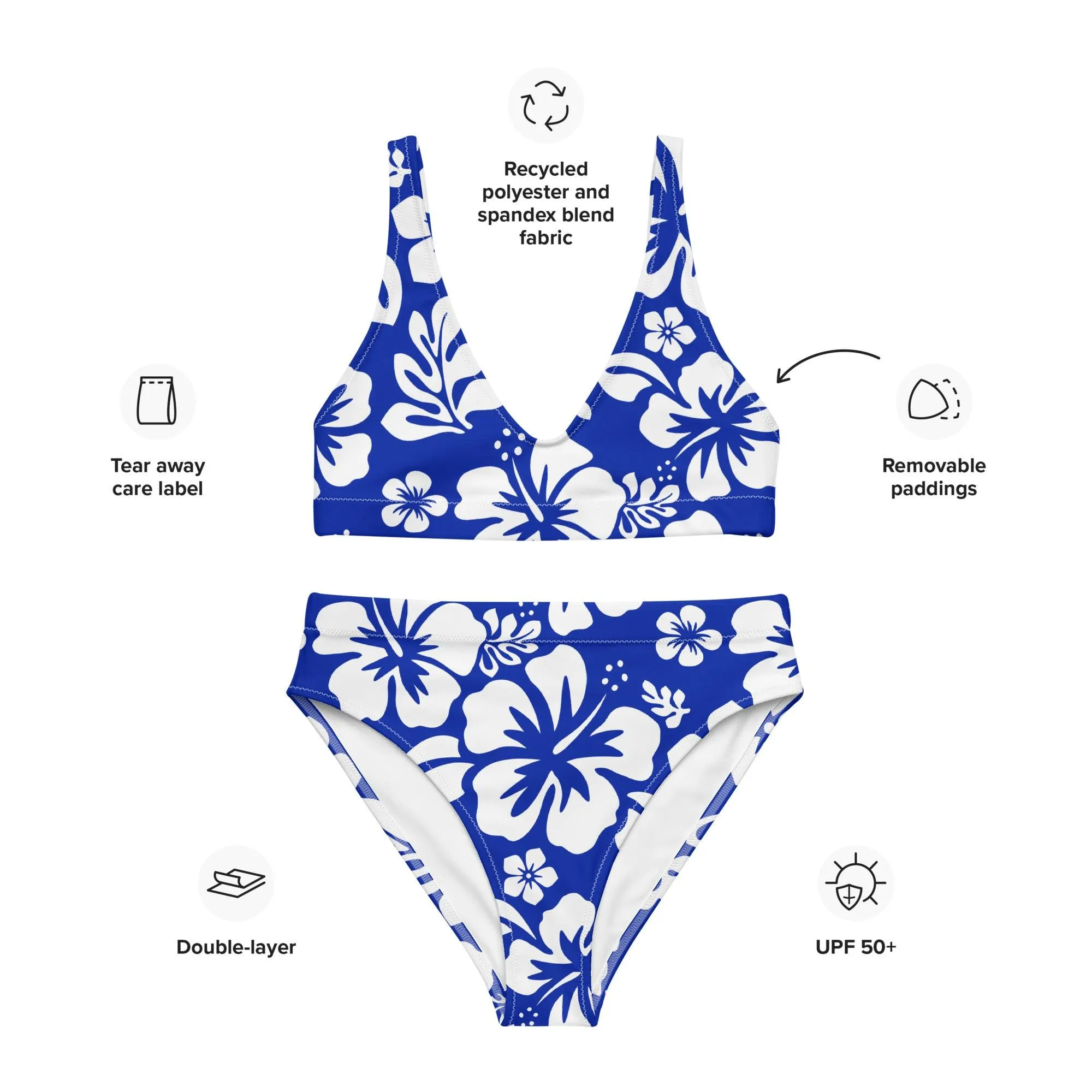 White Hawaiian Flowers on Royal Blue High Waisted Bikini