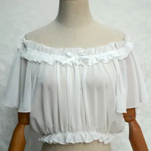 White Off the Shoulder Women's Chiffon Crop Top Short Batwing Sleeve Chiffon Blouse