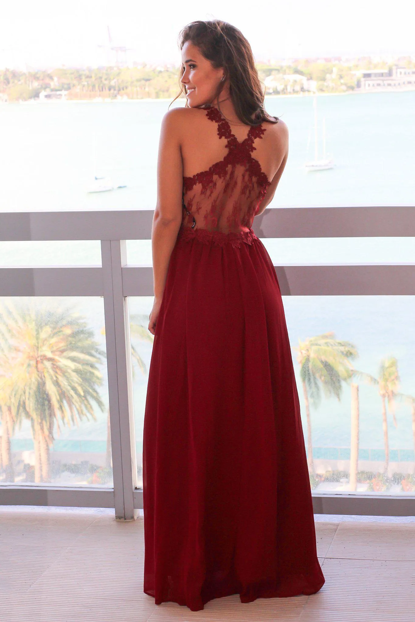 Wine Maxi Dress with Lace Top