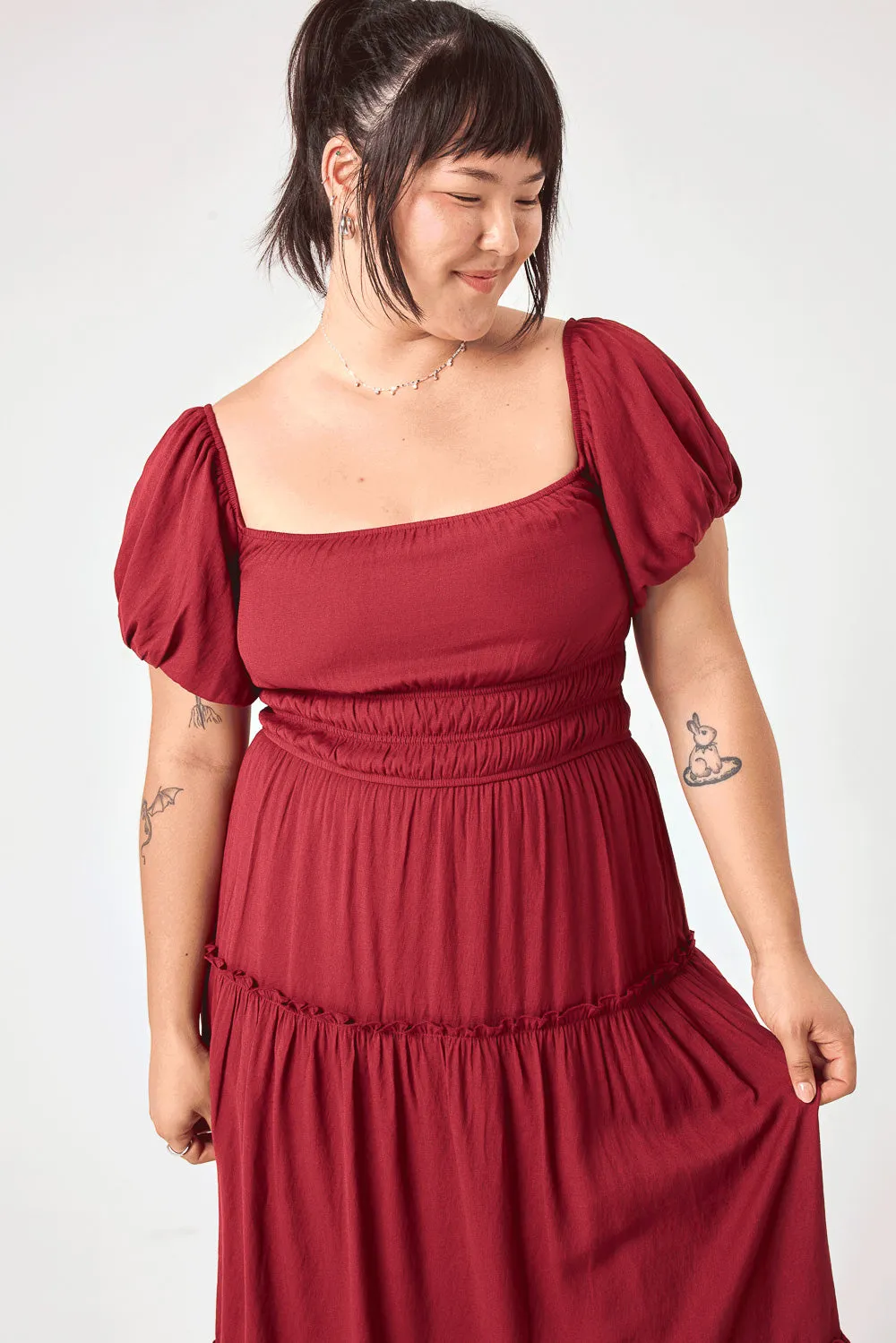 Wine Ruched Waist Midi Dress