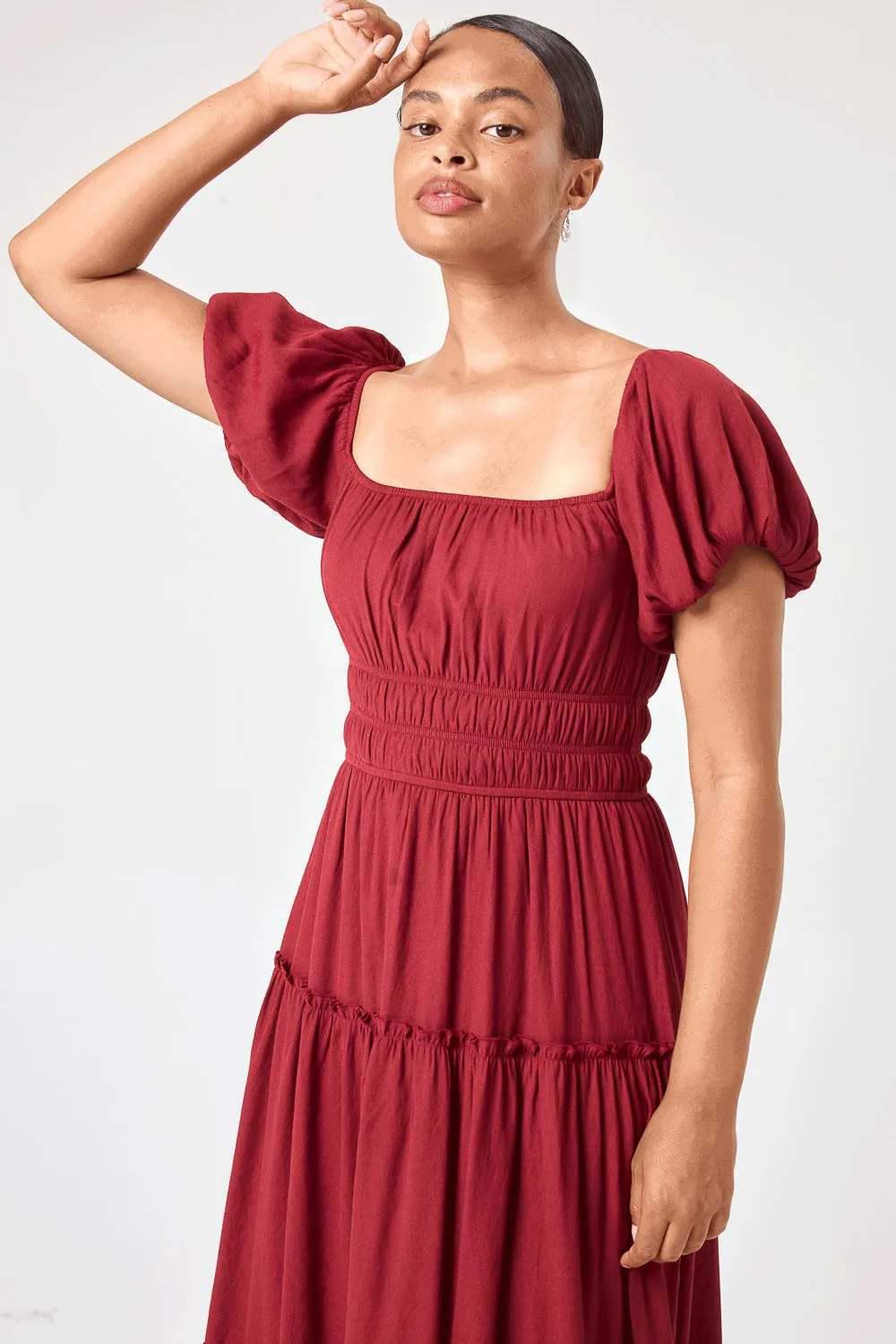 Wine Ruched Waist Midi Dress