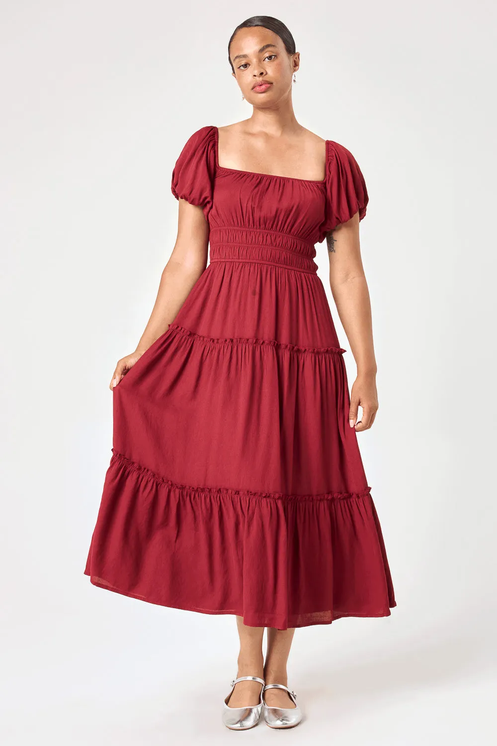 Wine Ruched Waist Midi Dress