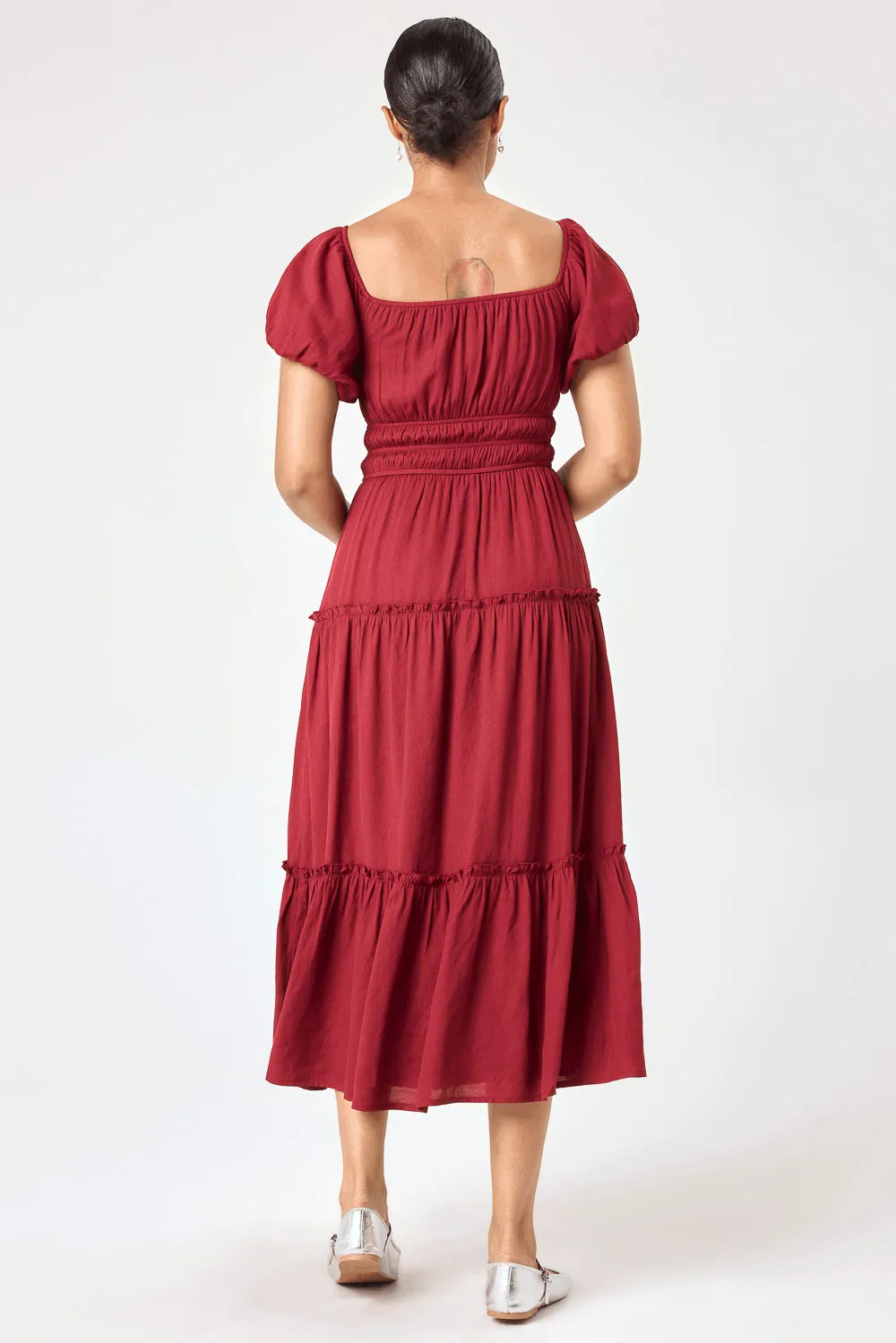 Wine Ruched Waist Midi Dress